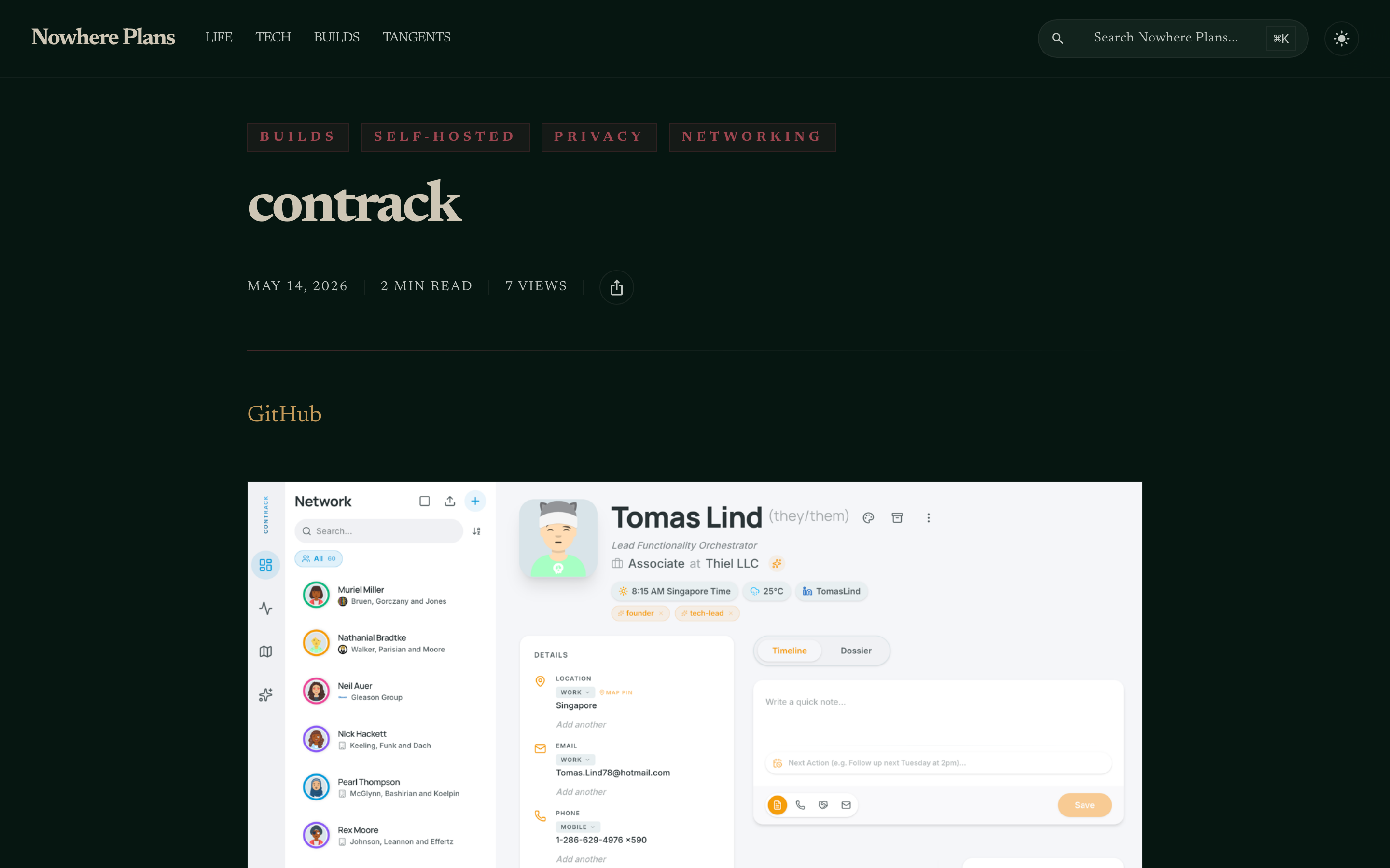 Contrack website showing its personal contact management interface