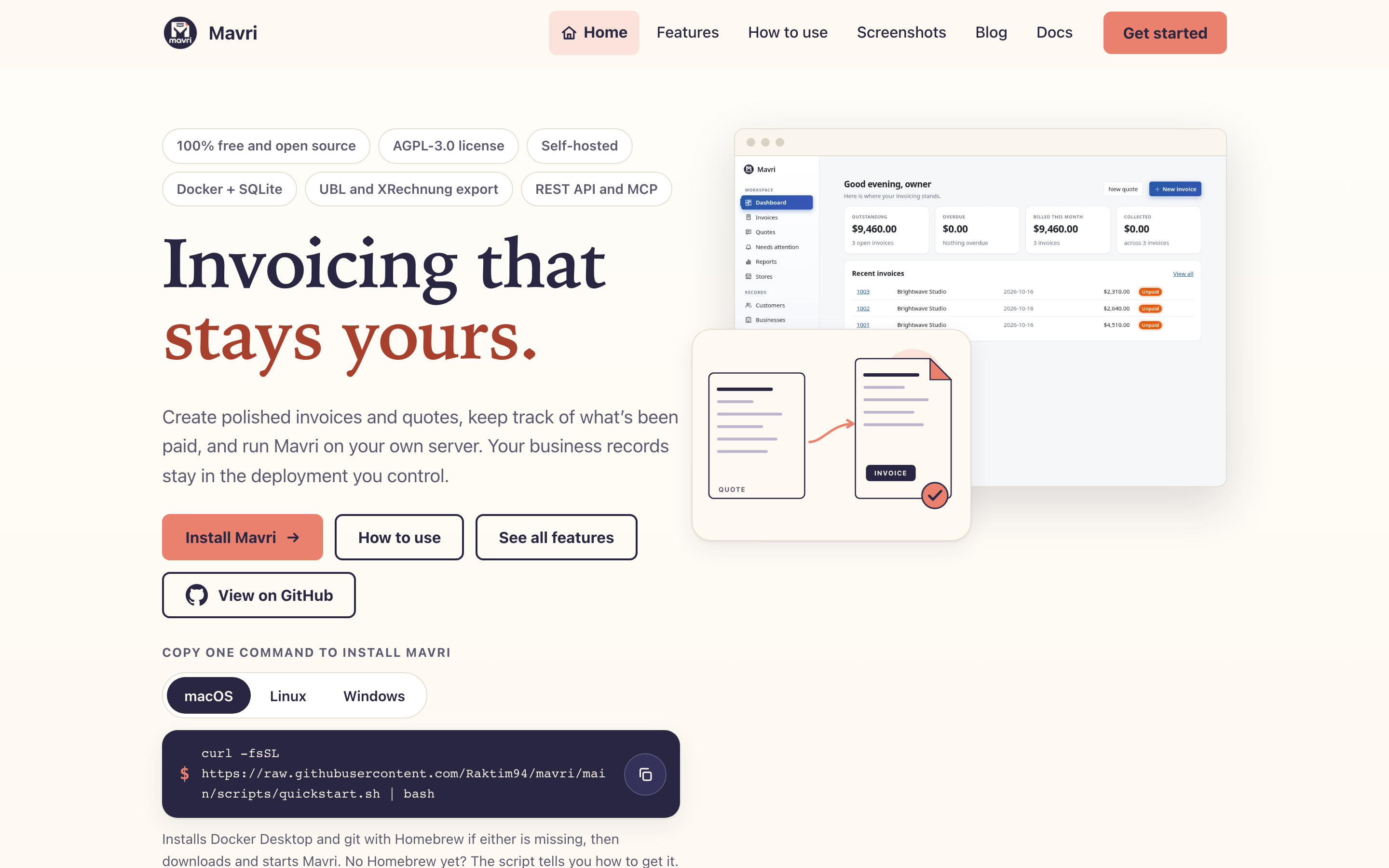 Mavri website showing its invoicing dashboard and quote workflow