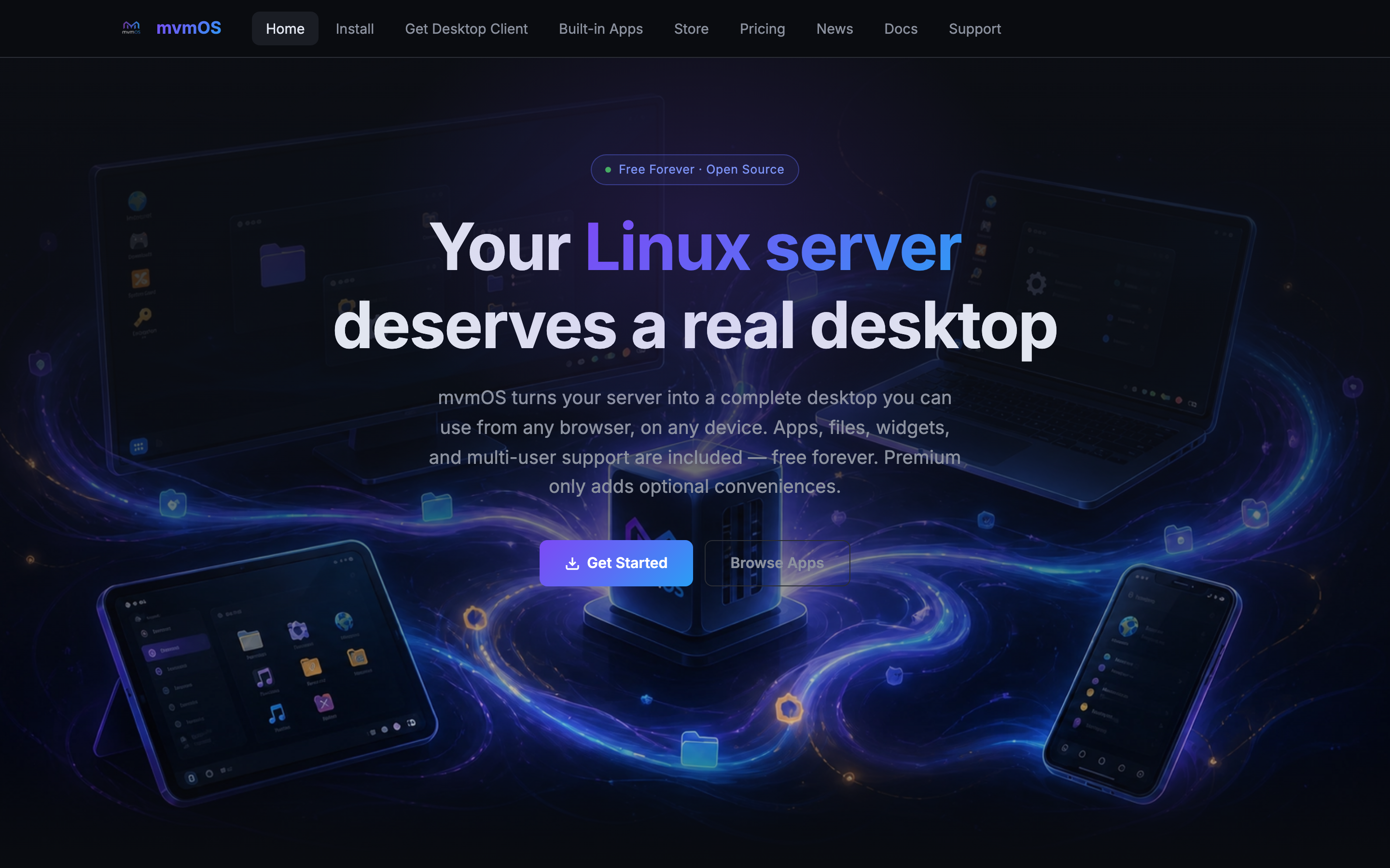 mvmOS website showing its browser desktop for Linux servers