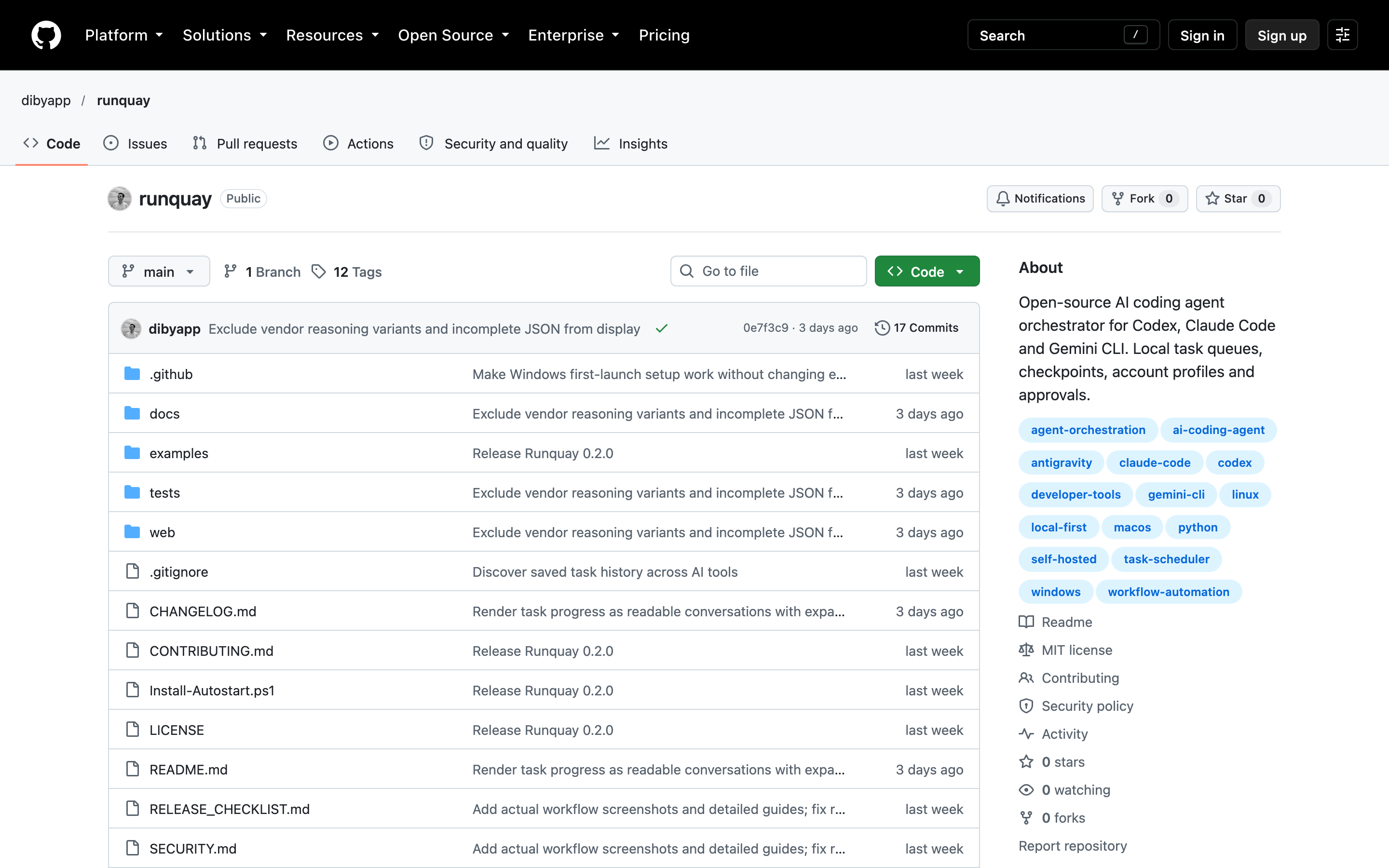 Runquay public repository showing its source code and project description